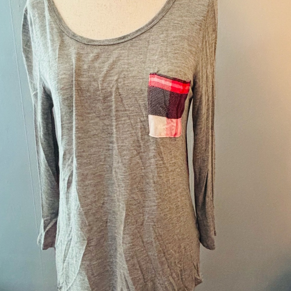 Vanity Gray Long Sleeve Top with Red Plaid Pocket